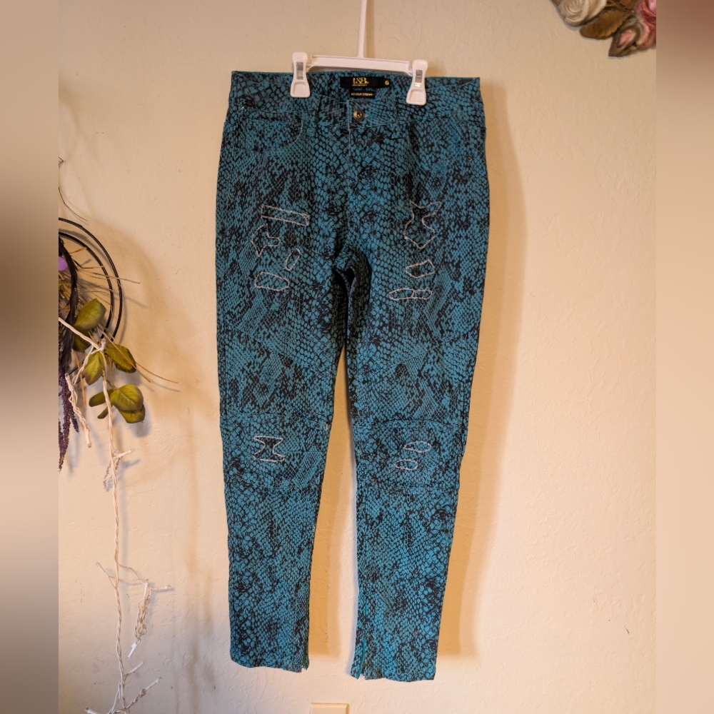 Blue Teal  And Black Snake Print L&B Moto Jeans